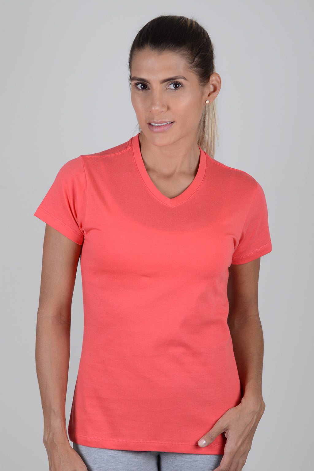 Camiseta Mujer Cuello V Coral